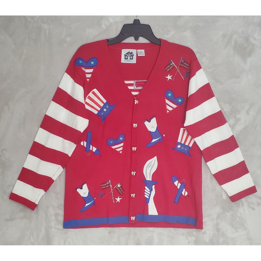 Vtg Storybook Knits‎ Cardigan Womens L Patriotic Sweater 4th of July USA Rodeo